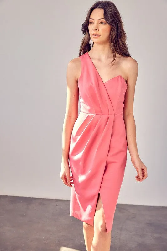 One Shoulder Pink Midi Dress