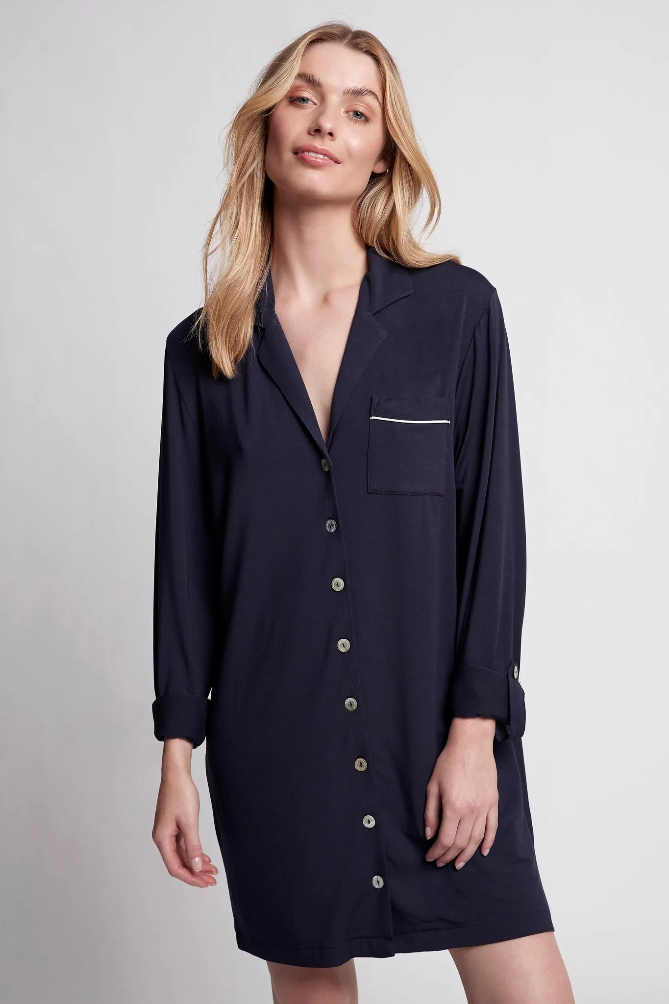 Petra Tencel™ Sleep Shirt - Navy with White Piping