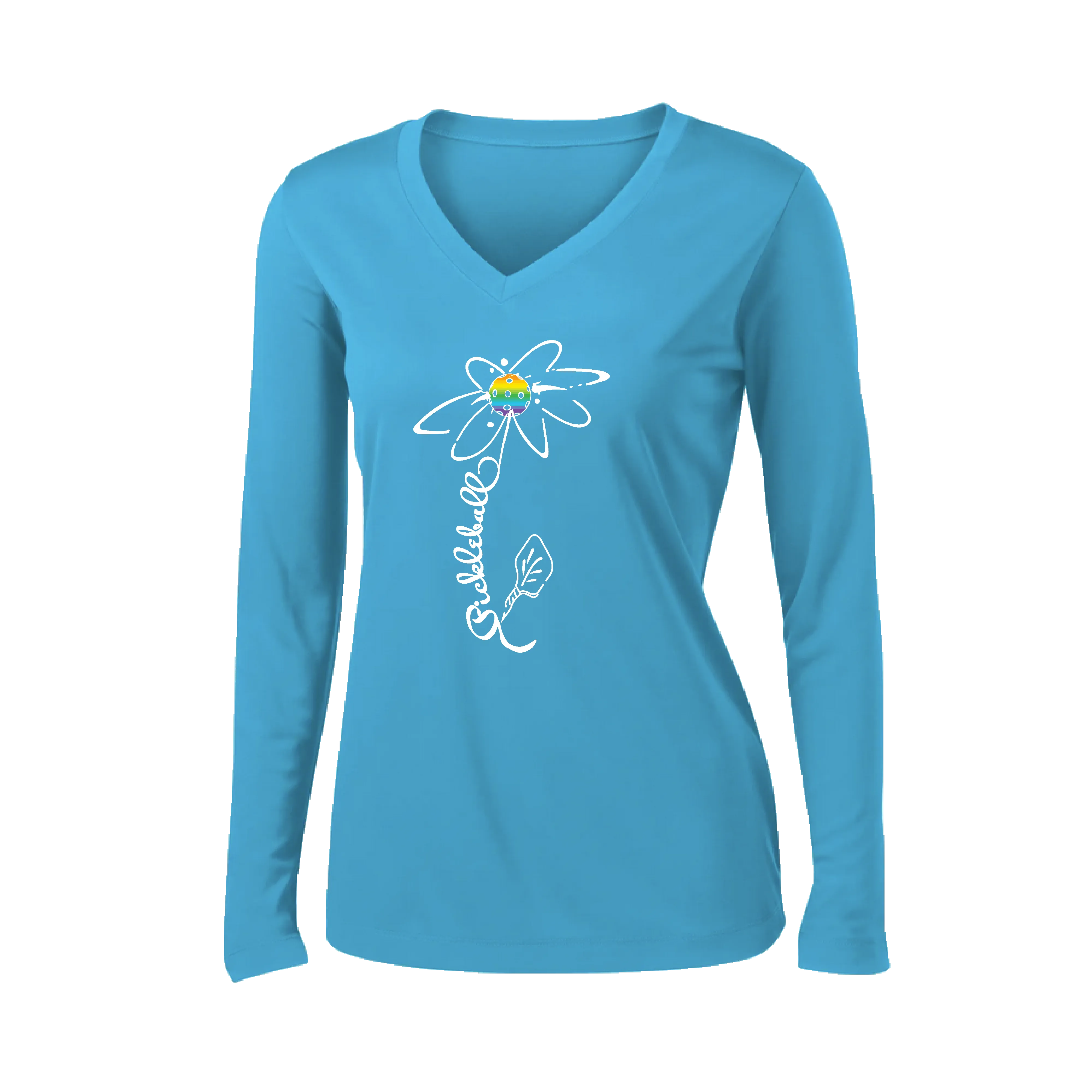 Pickleball Flower (Rainbow or White) | Women’s Long Sleeve V-Neck Pickleball Shirt | 100% Polyester