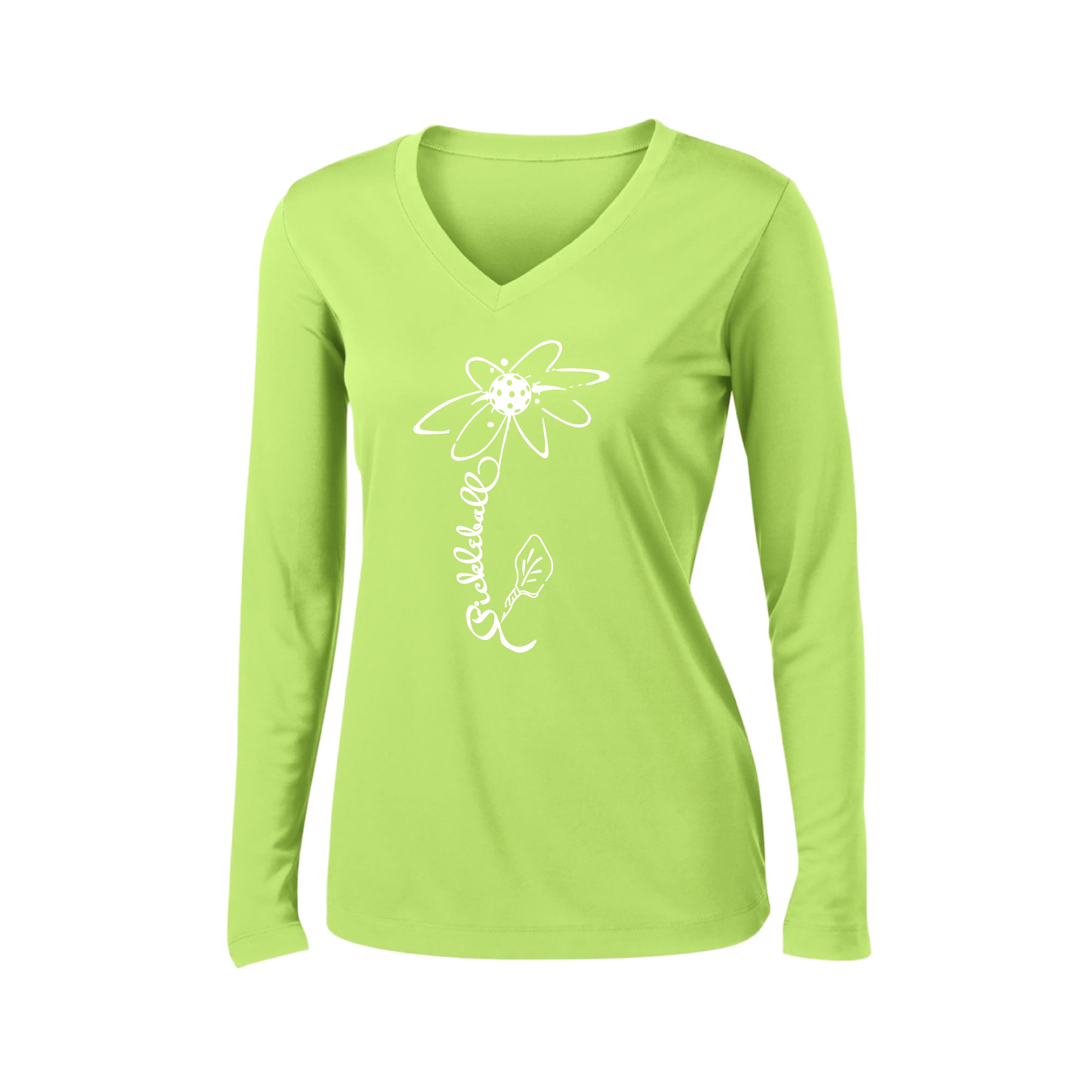 Pickleball Flower (Rainbow or White) | Women’s Long Sleeve V-Neck Pickleball Shirt | 100% Polyester