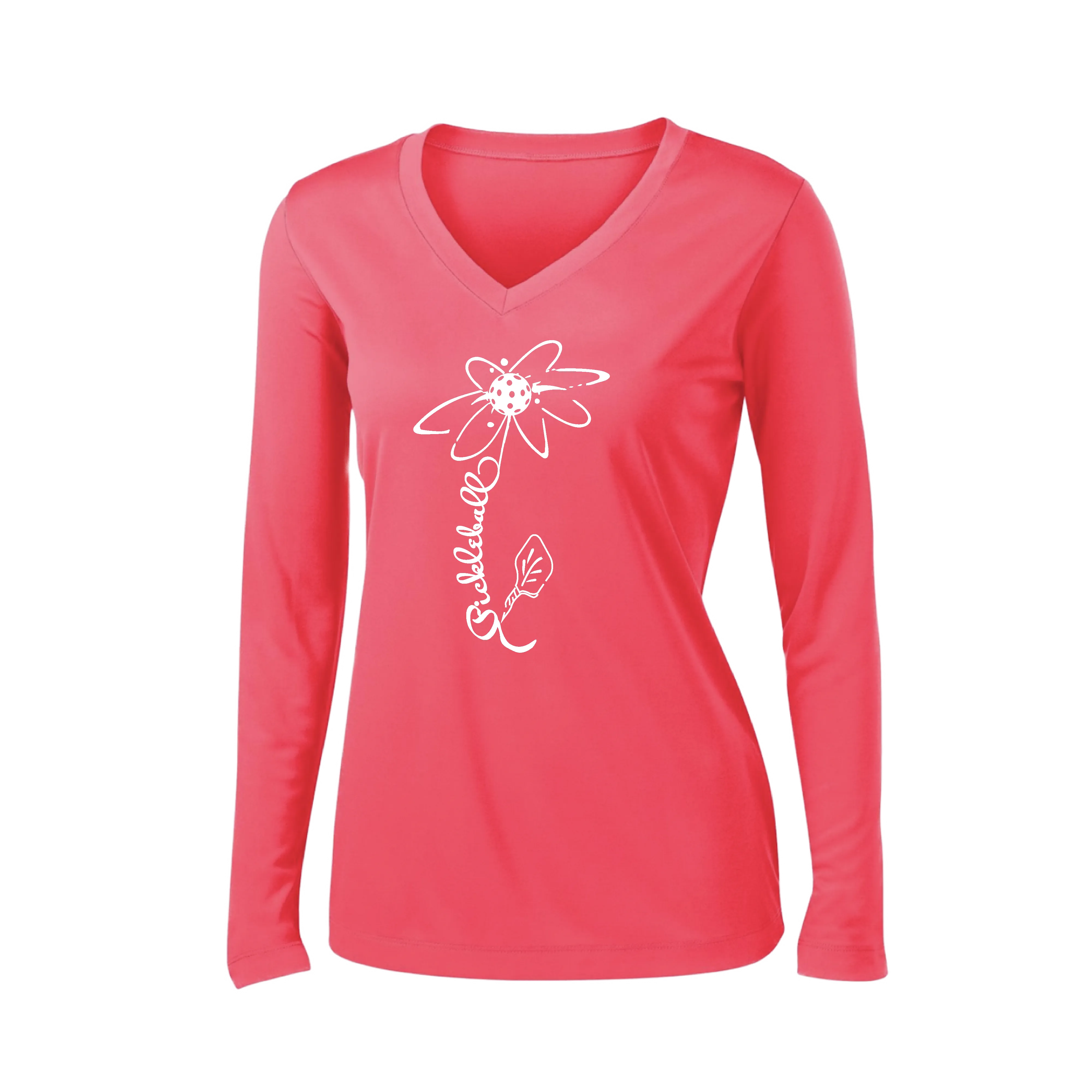 Pickleball Flower (Rainbow or White) | Women’s Long Sleeve V-Neck Pickleball Shirt | 100% Polyester