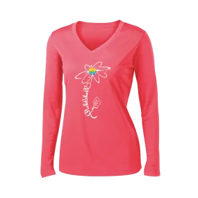 Pickleball Flower (Rainbow or White) | Women’s Long Sleeve V-Neck Pickleball Shirt | 100% Polyester