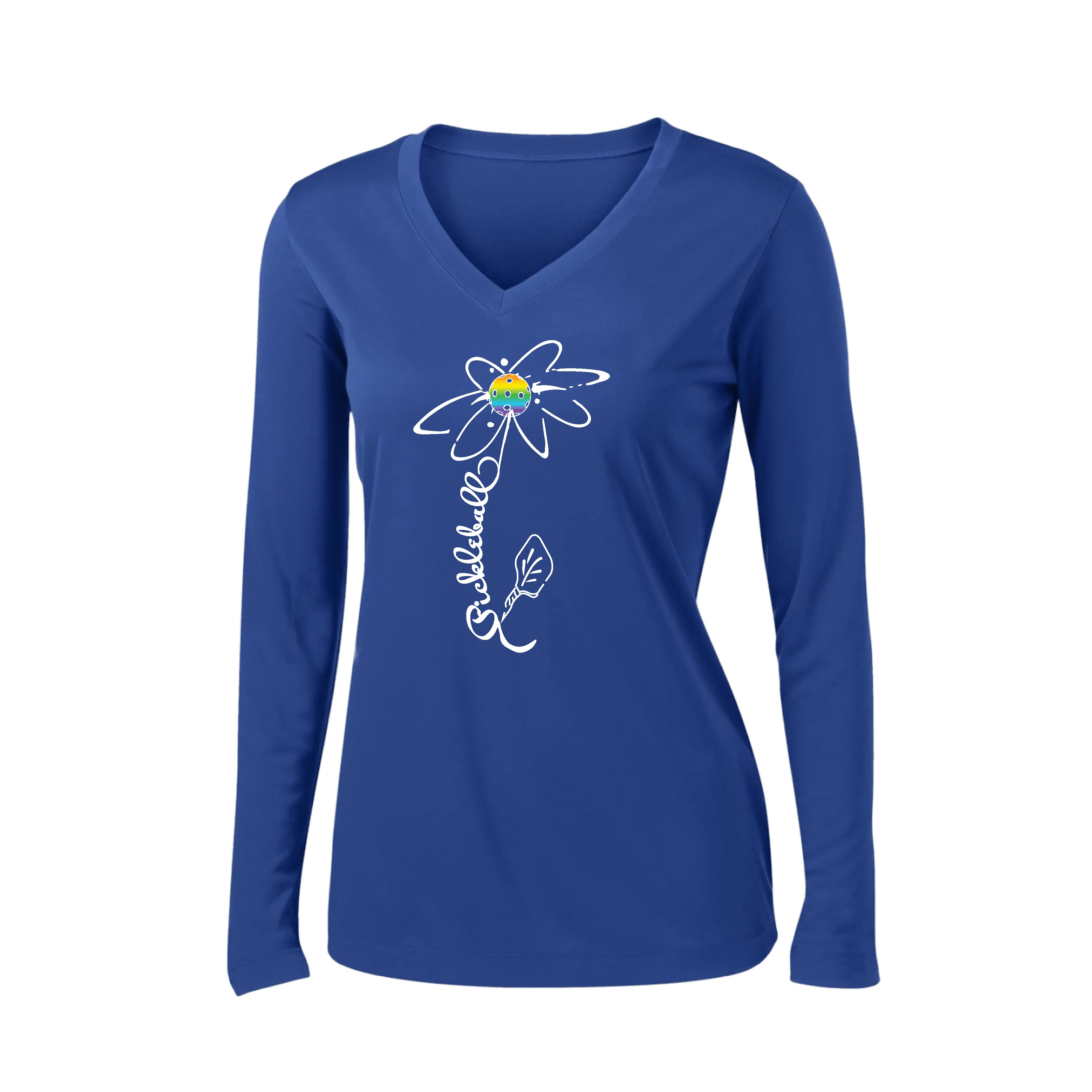 Pickleball Flower (Rainbow or White) | Women’s Long Sleeve V-Neck Pickleball Shirt | 100% Polyester