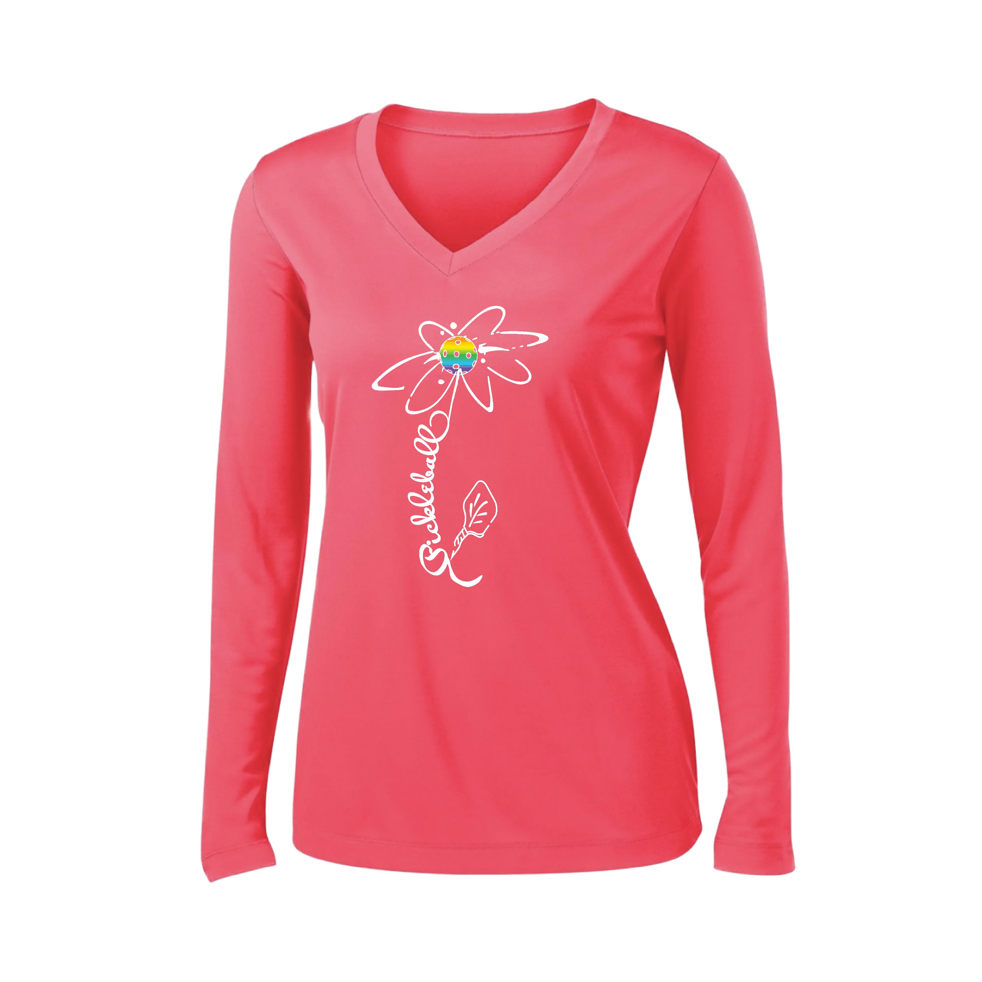 Pickleball Flower (Rainbow or White) | Women’s Long Sleeve V-Neck Pickleball Shirt | 100% Polyester