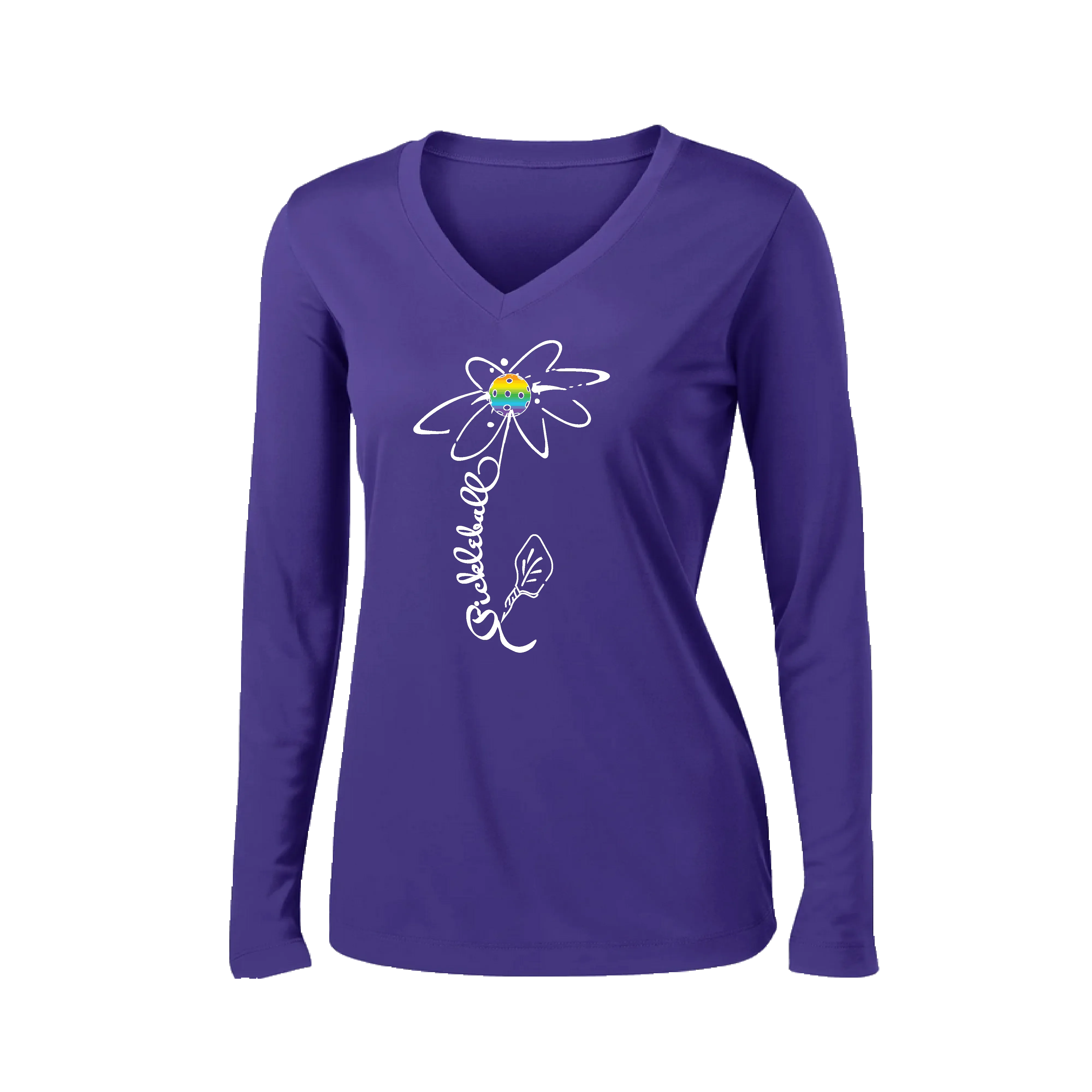 Pickleball Flower (Rainbow or White) | Women’s Long Sleeve V-Neck Pickleball Shirt | 100% Polyester