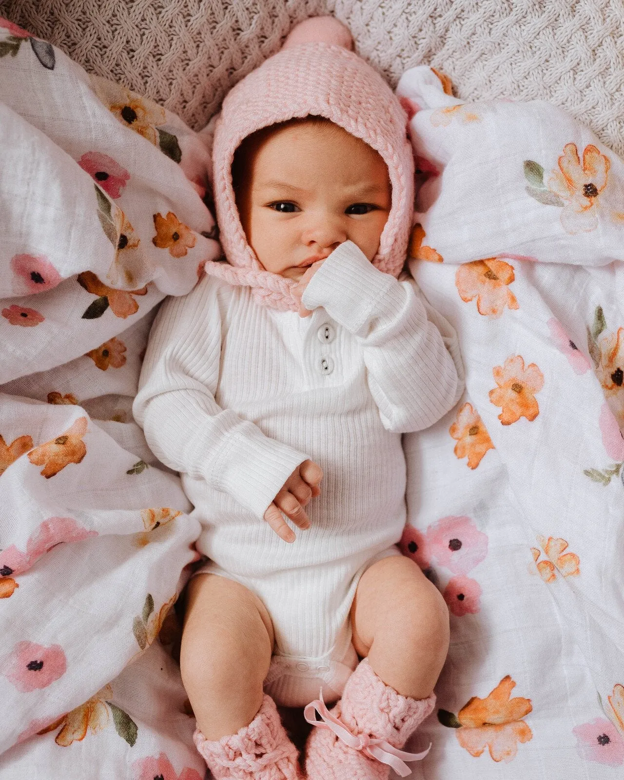 Pink Merino Wool Bonnet & Booties Set