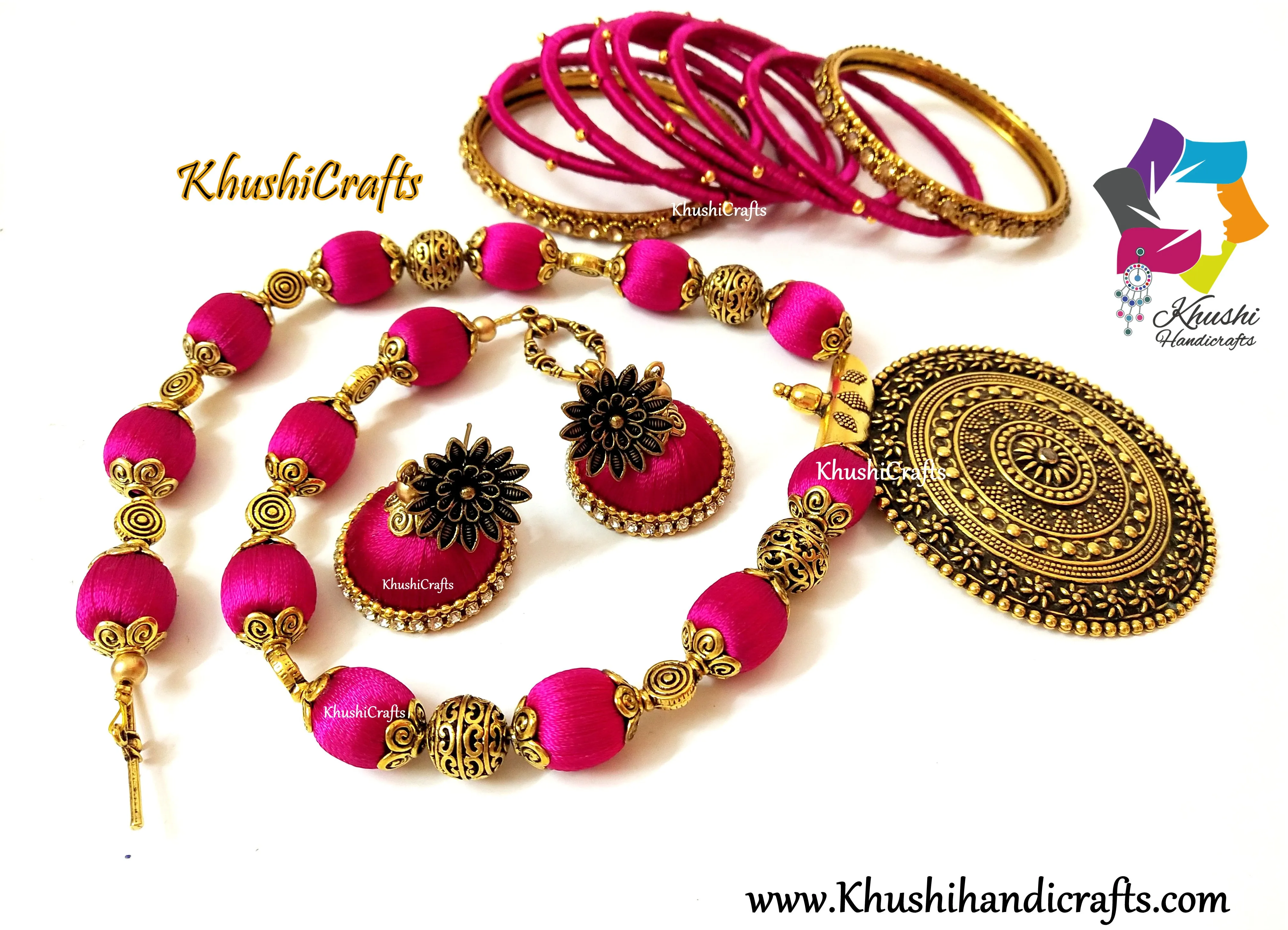 Pink shaded Silk Thread Handmade Necklace set with Bangles and Jhumkas