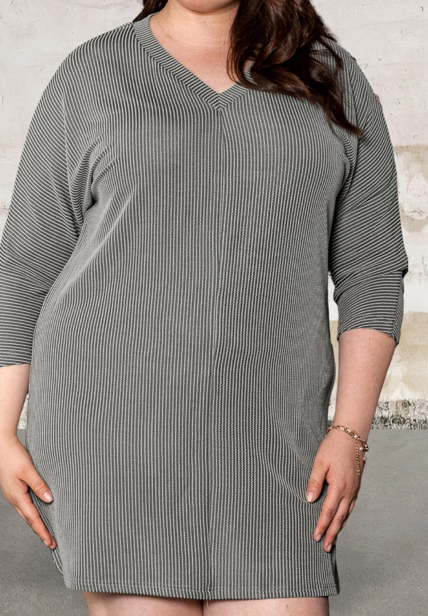 Plus Size Corded V Neck ¾ Length Sleeves  Dress