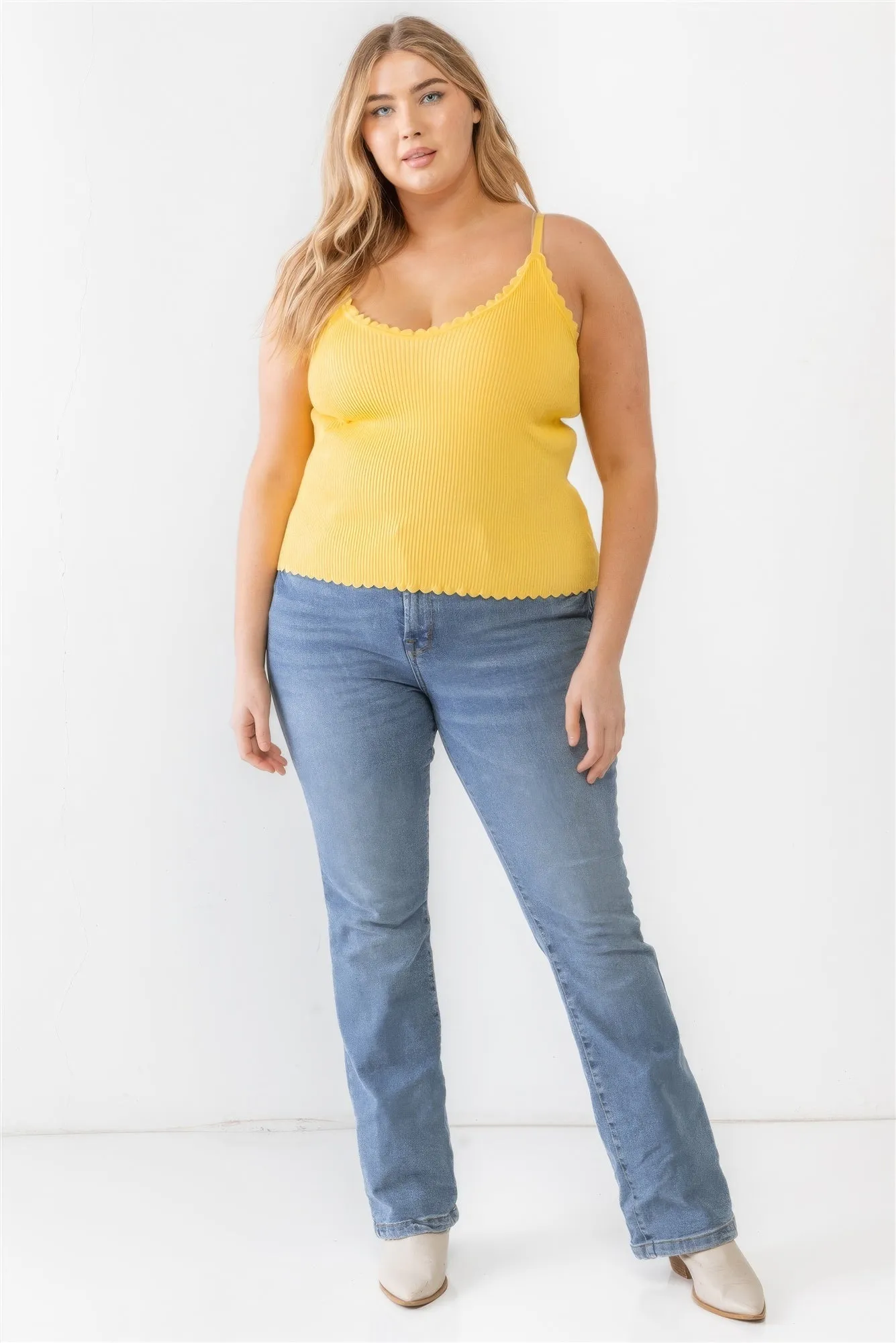 Plus Size Ribbed Ruffle Tank Top - Yellow