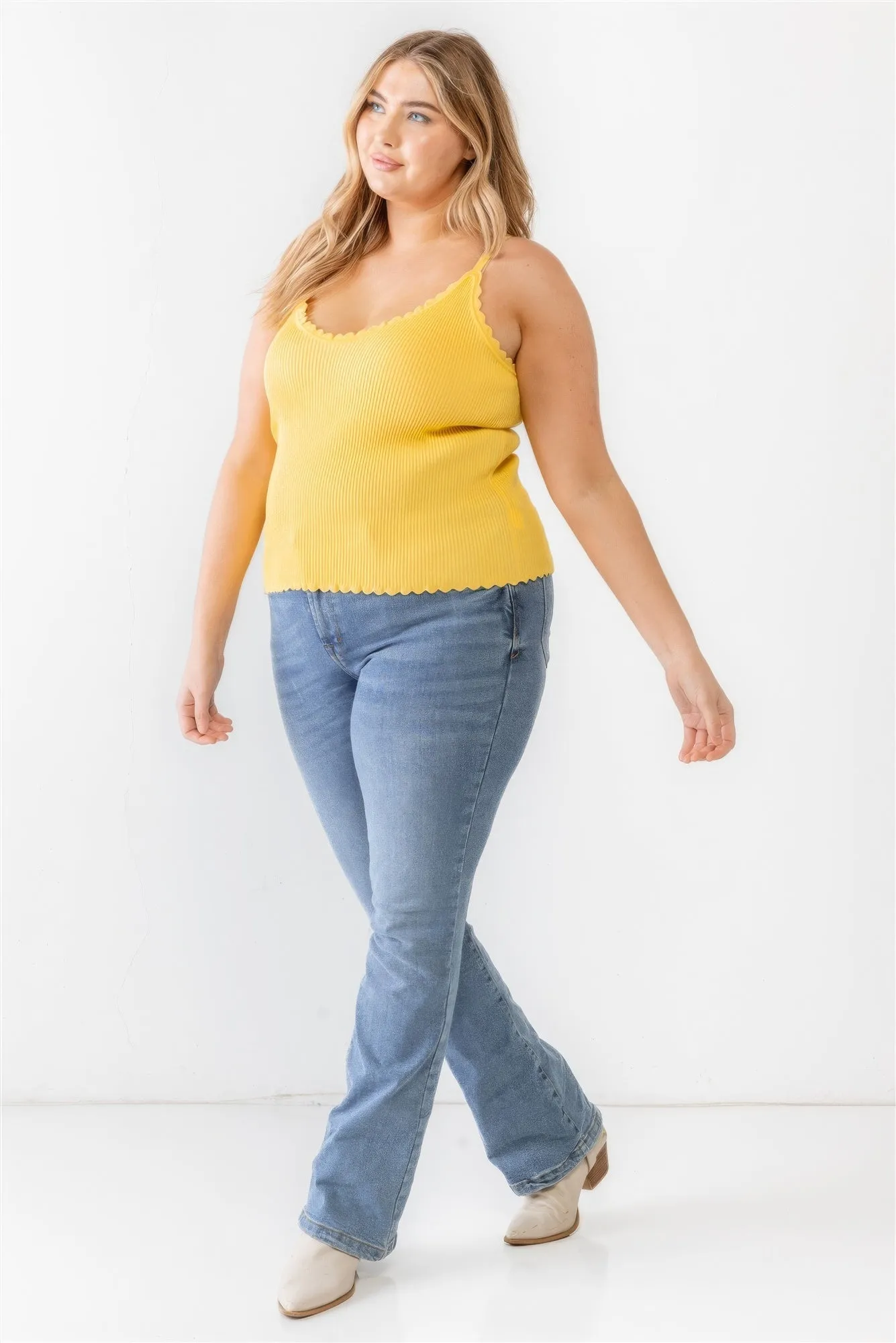 Plus Size Ribbed Ruffle Tank Top - Yellow