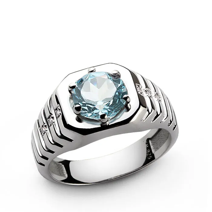 Ridged Silver Ring for Men Diamonds and Round Gemstone