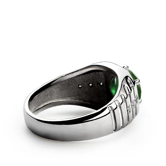 Ridged Silver Ring for Men Diamonds and Round Gemstone