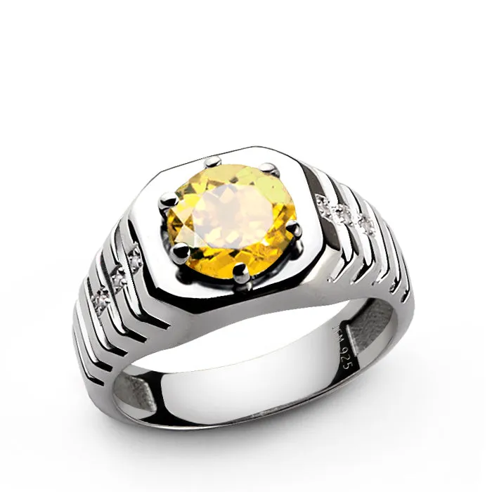 Ridged Silver Ring for Men Diamonds and Round Gemstone