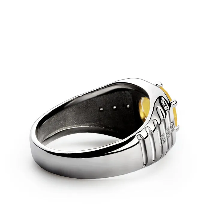 Ridged Silver Ring for Men Diamonds and Round Gemstone