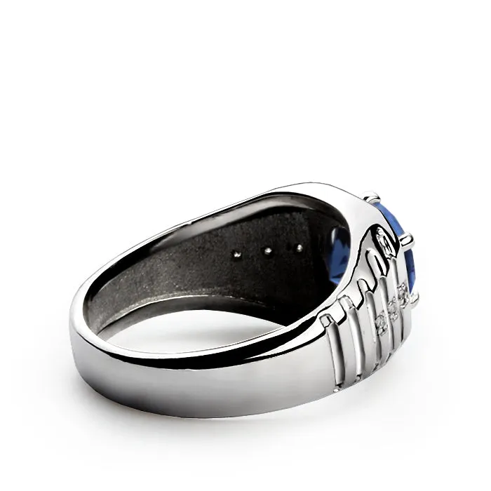 Ridged Silver Ring for Men Diamonds and Round Gemstone