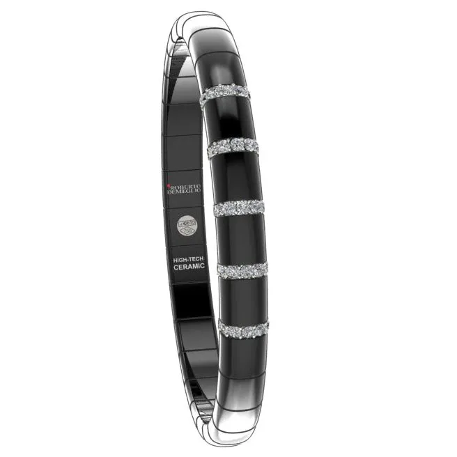 Roberto Demeglio Pura Black Ceramic Elastic Bracelet with 5 Diamond Sections Glossy