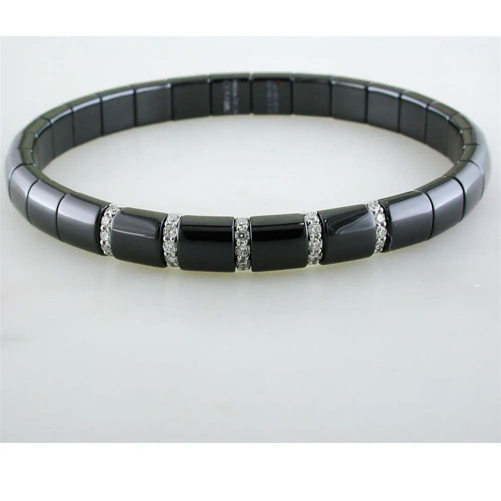 Roberto Demeglio Pura Black Ceramic Elastic Bracelet with 5 Diamond Sections Glossy