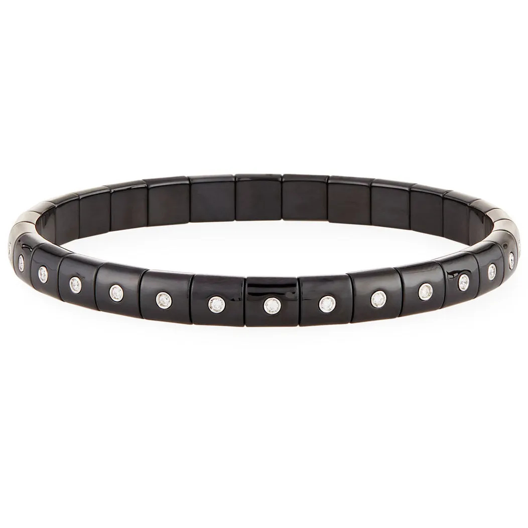 Roberto Demeglio Pura Glossy Black Ceramic Elastic Bracelet Eternity Style Diamonds