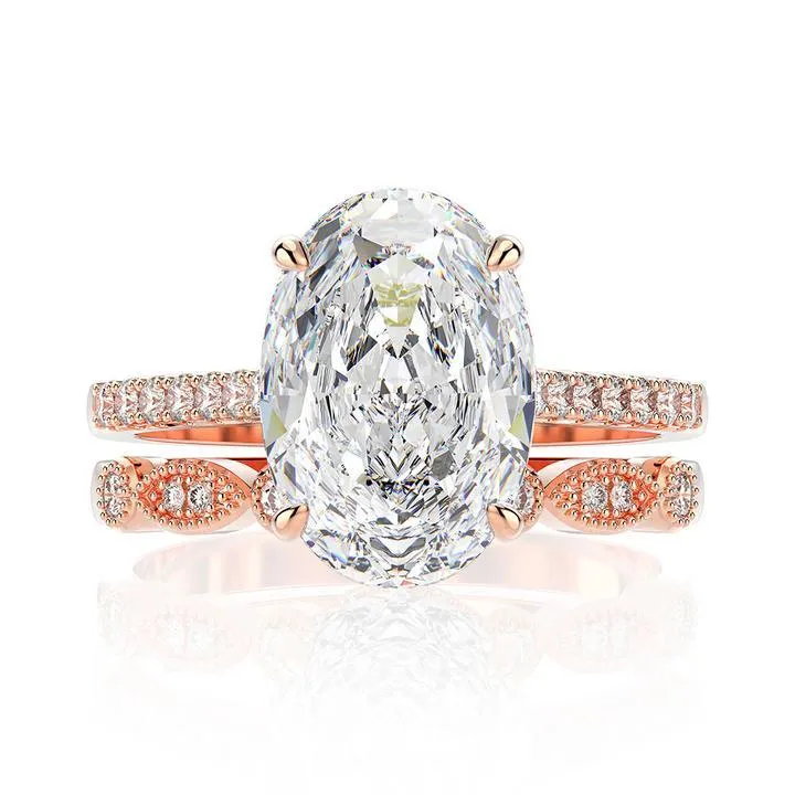 Rose Gold Tone 5.0 Carat Oval Cut Wedding Bridal Set