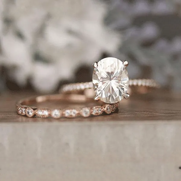 Rose Gold Tone 5.0 Carat Oval Cut Wedding Bridal Set