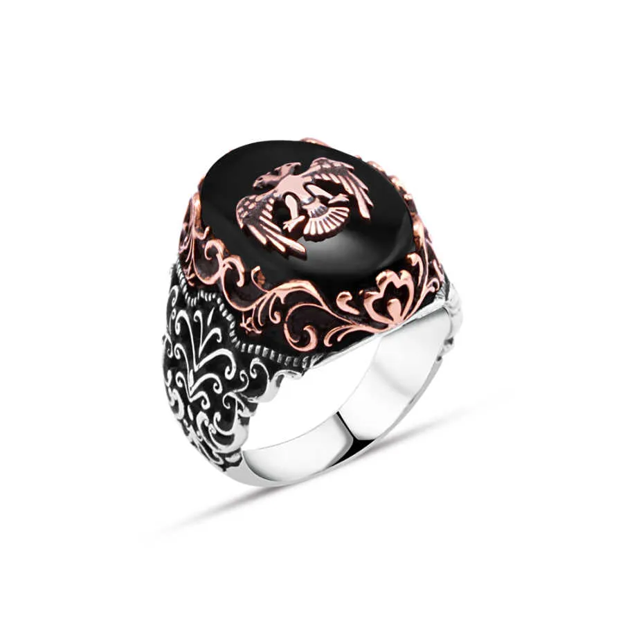 Seljuk Eagle on Black Ellipse Onyx Stone Silver Men's Ring with Wavy Pattern Around