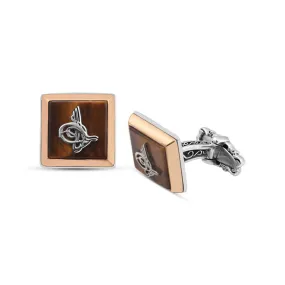 Silver Tiger Eye Stone Over Ottoman Tughra Cufflink