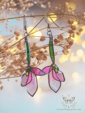 Stained glass inspired long pink flower earrings