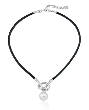 Sterling Silver Rhodium Plated Black Leather Choker Necklace for Women with White Round Pearl, 14mm Pearl, 14.5/16.5 Chain Length, Sicilia Collection