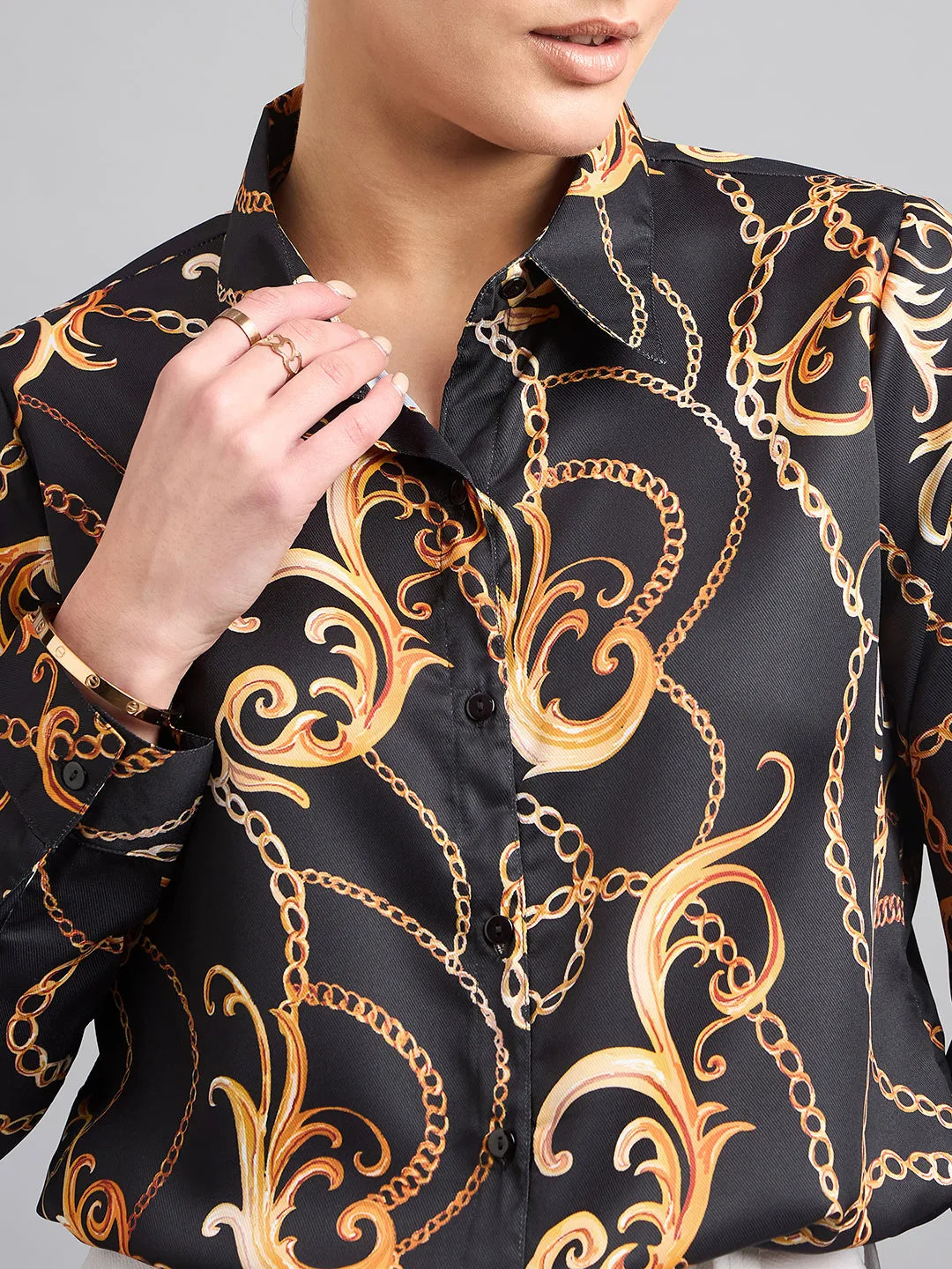 Style Quotient Women Black and Gold Chain Printed Polycrepe Regular Shirt