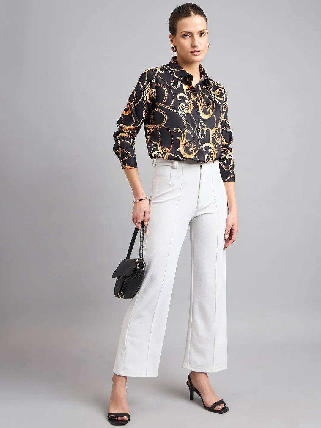 Style Quotient Women Black and Gold Chain Printed Polycrepe Regular Shirt