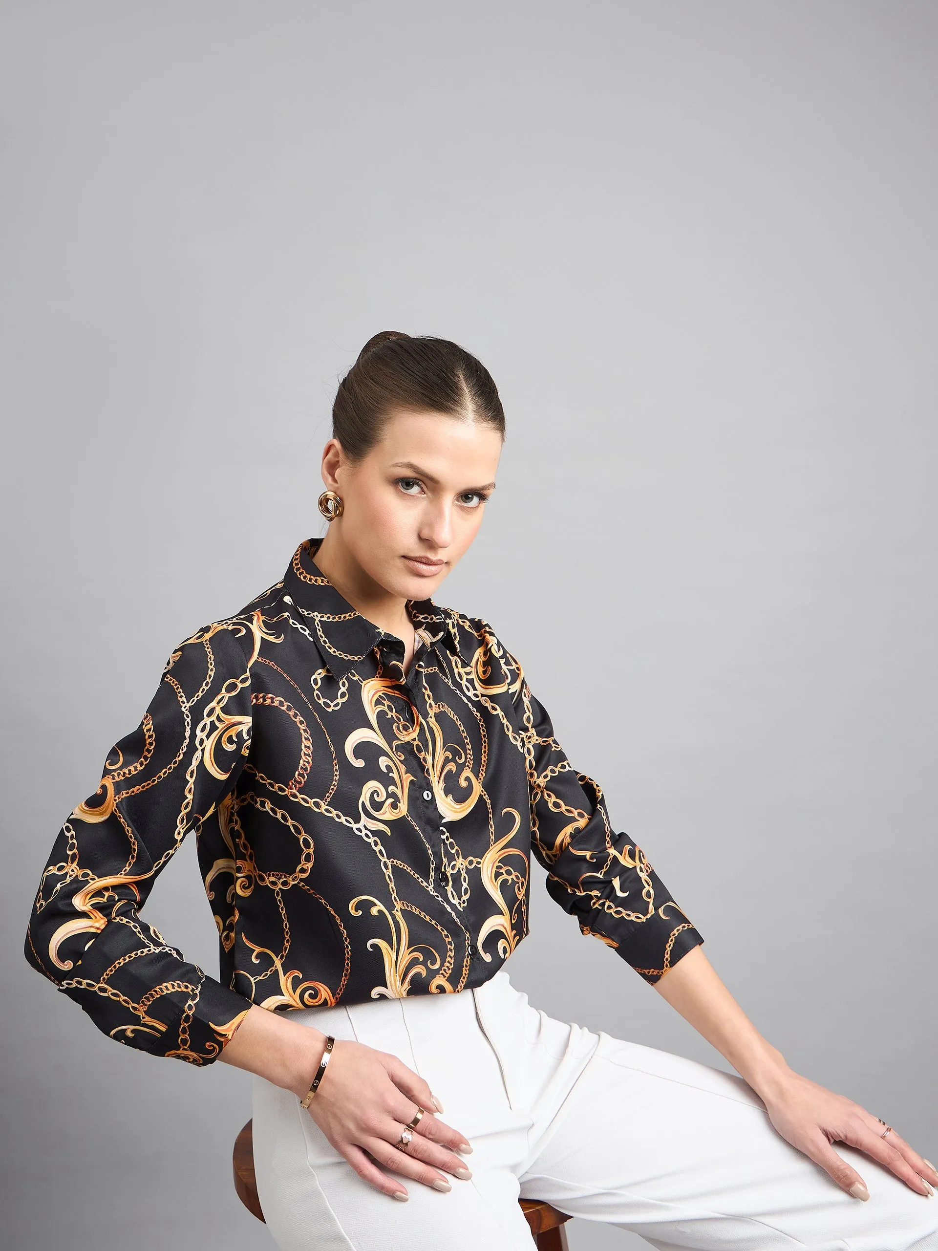 Style Quotient Women Black and Gold Chain Printed Polycrepe Regular Shirt