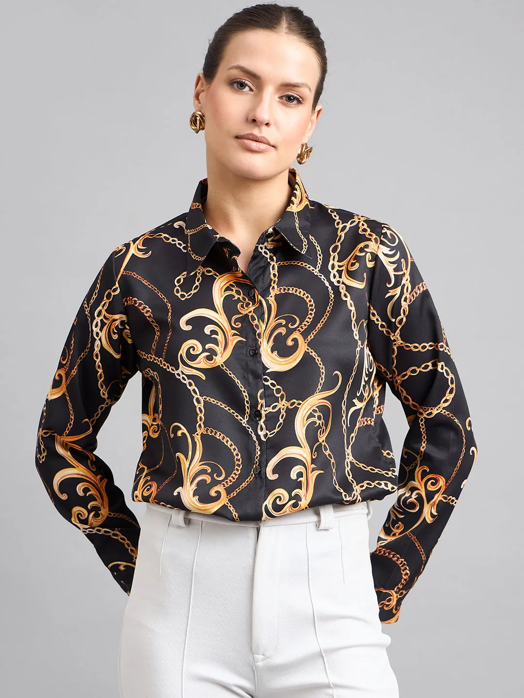 Style Quotient Women Black and Gold Chain Printed Polycrepe Regular Shirt