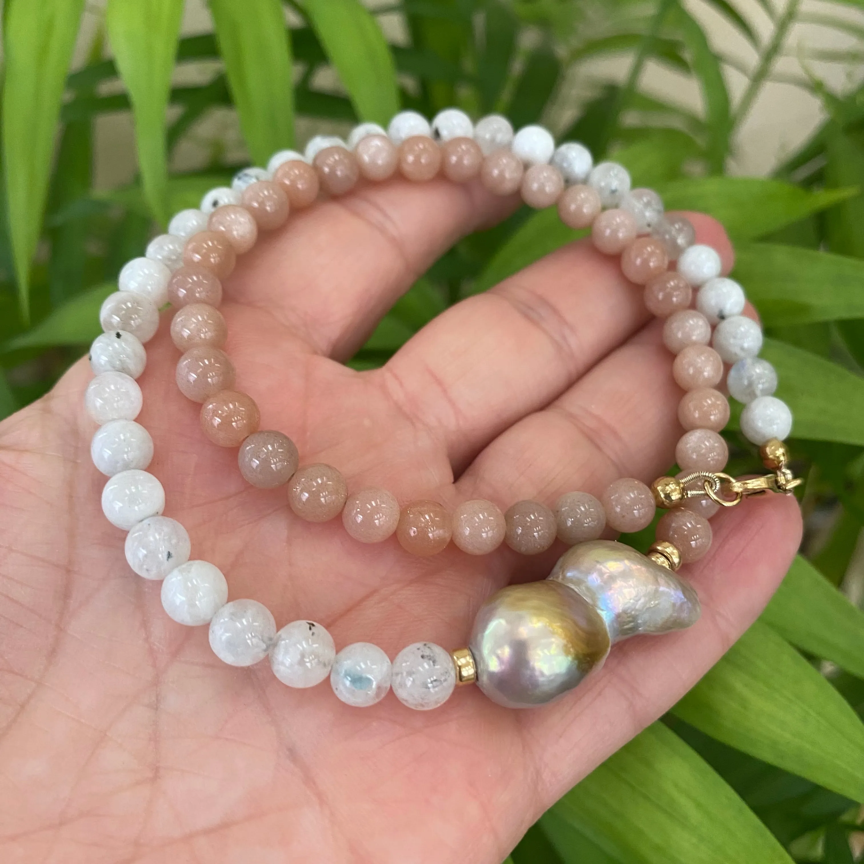 Sunstone and Moonstone Necklace with A Lavender Baroque Pearl, Gold Filled Beads and Closure