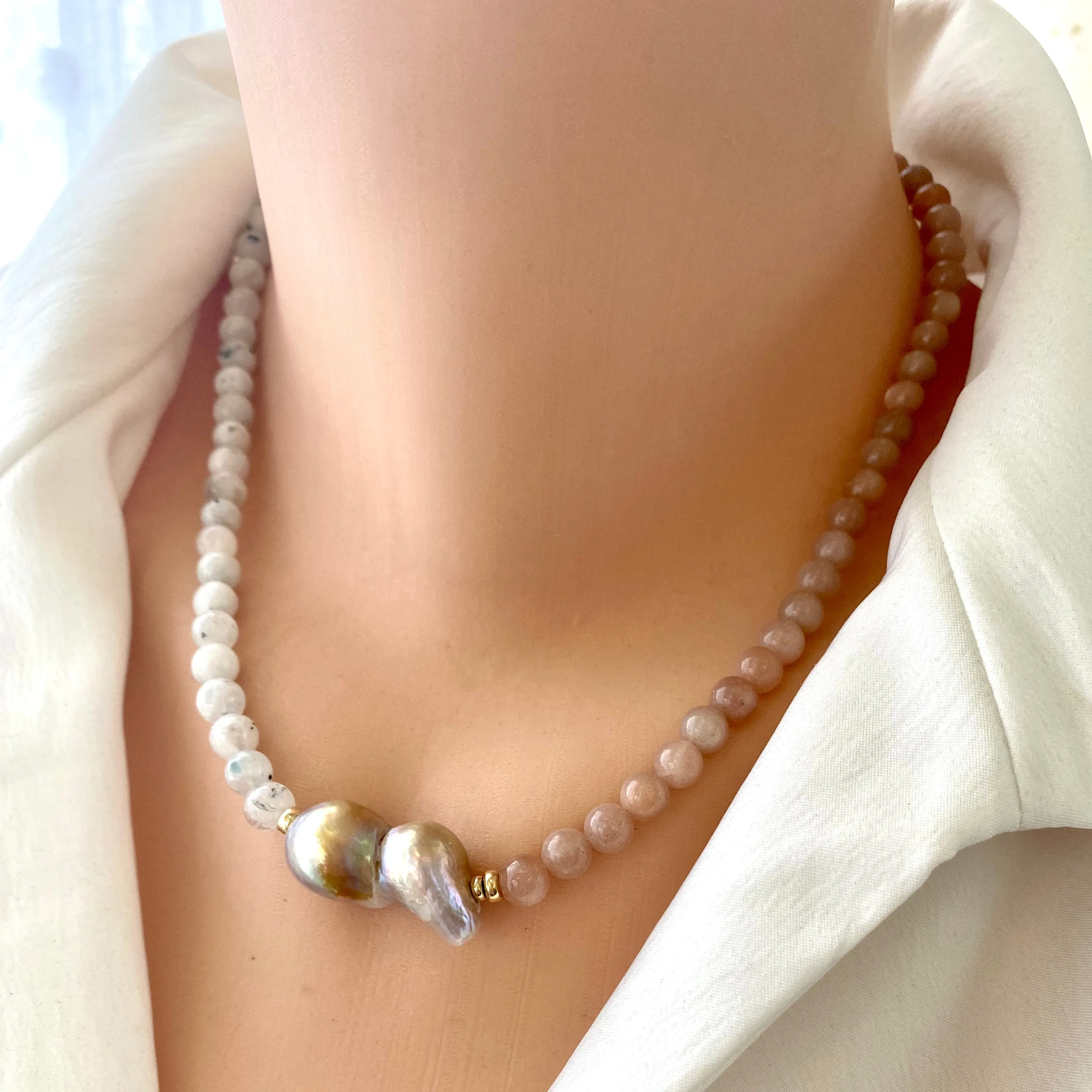 Sunstone and Moonstone Necklace with A Lavender Baroque Pearl, Gold Filled Beads and Closure