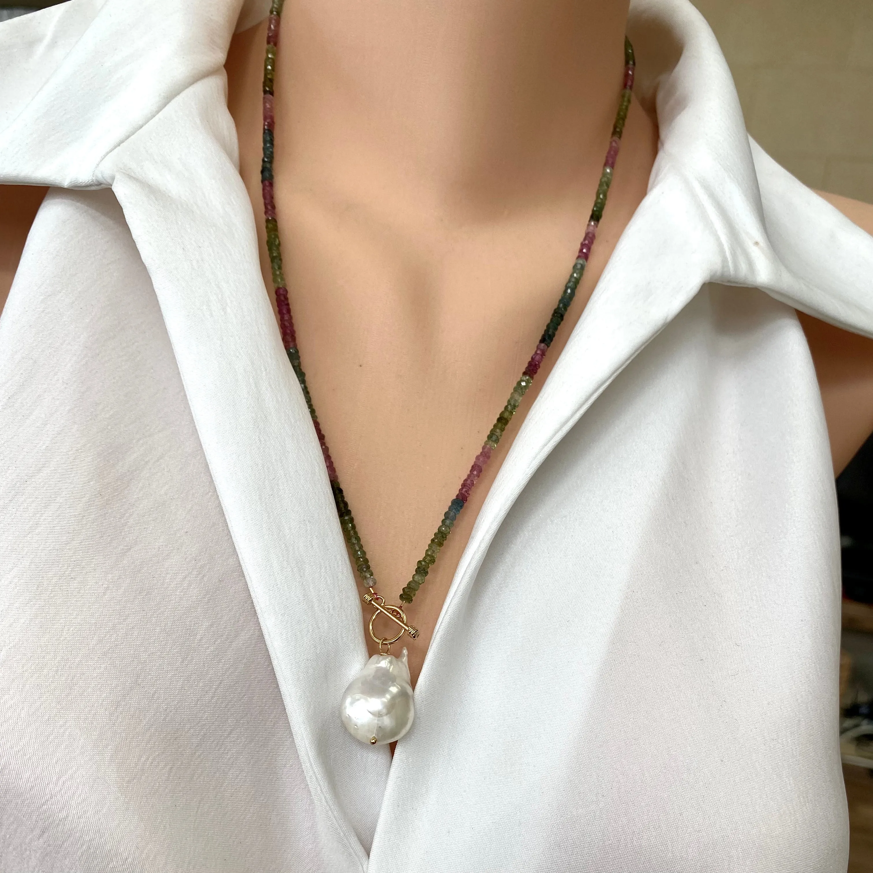 T-Bar Multi Tourmaline & Baroque Pearl Toggle Necklace, Gold Vermeil Plated Silver, 20in, October Birthstone