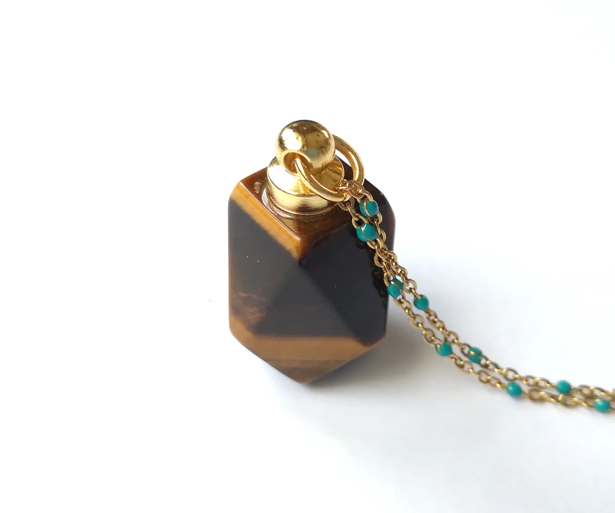 Tiger's Eye Faceted Hexagon Essential Oil Bottle Pendant gold