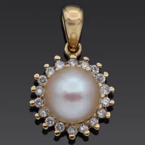 Vintage 10K Yellow Gold Pearl & Diamond Pendant