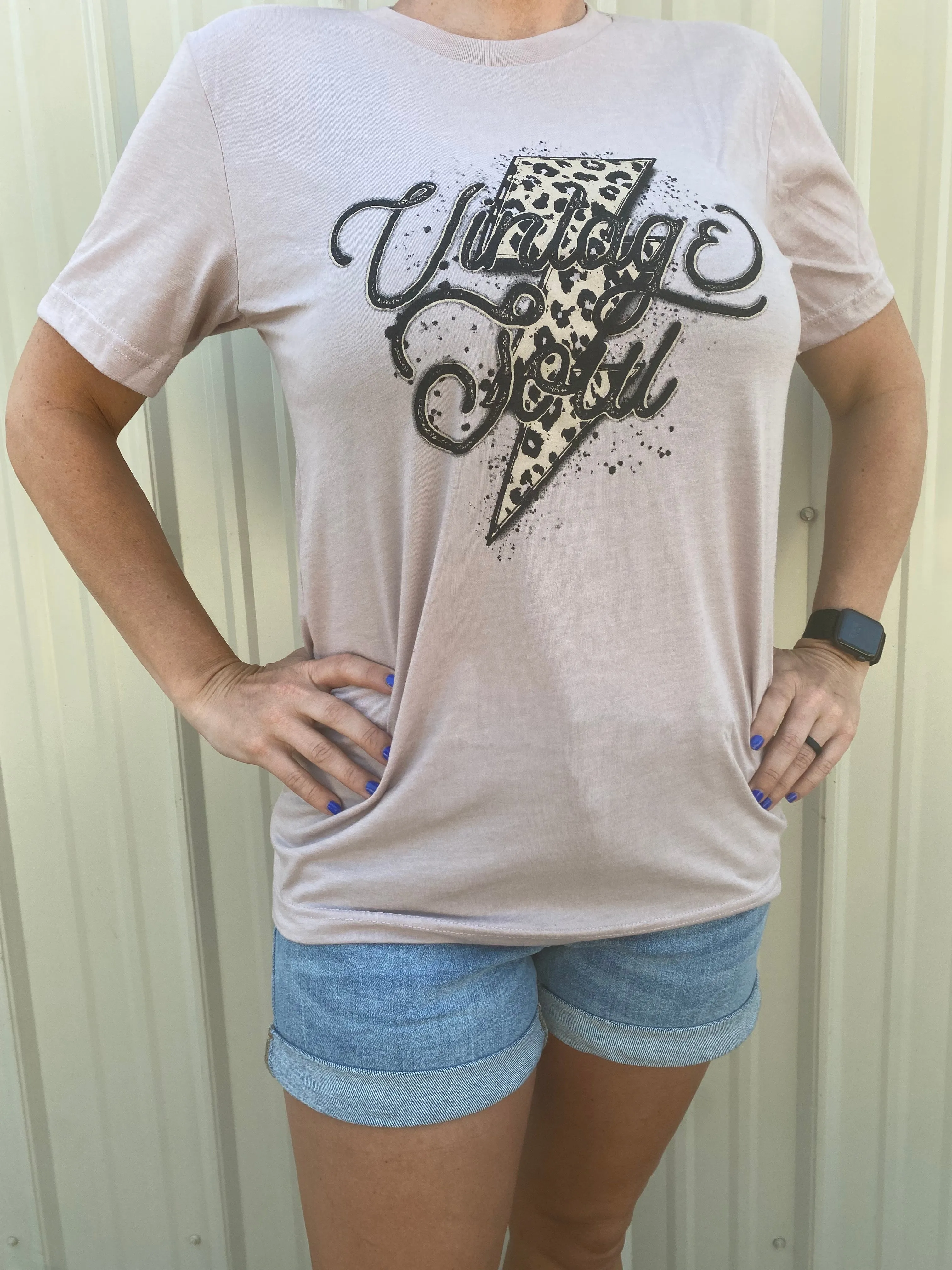 {VINTAGE SOUL} Leopard Bolt Heather Pebble Crew Neck Tee