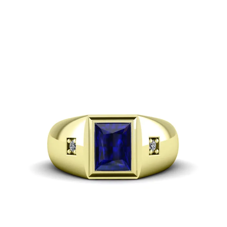 Virgo Jewelry 14k Solid Gold with Royal Blue Sapphire and 2 Diamonds Thick Band Stone Ring