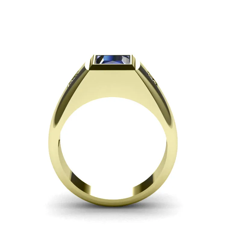 Virgo Jewelry 14k Solid Gold with Royal Blue Sapphire and 2 Diamonds Thick Band Stone Ring