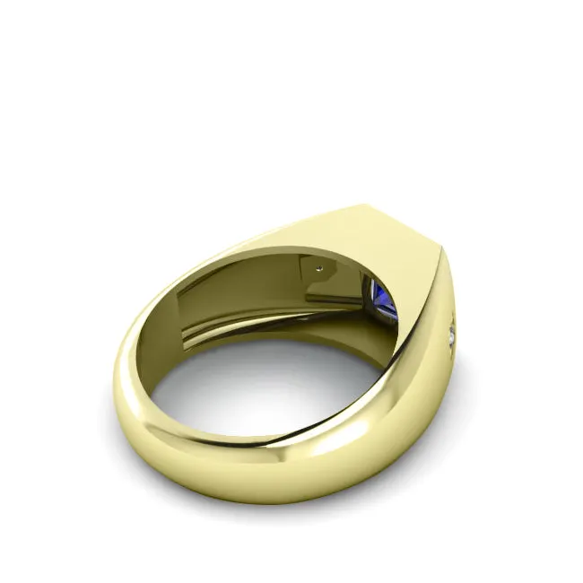 Virgo Jewelry 14k Solid Gold with Royal Blue Sapphire and 2 Diamonds Thick Band Stone Ring