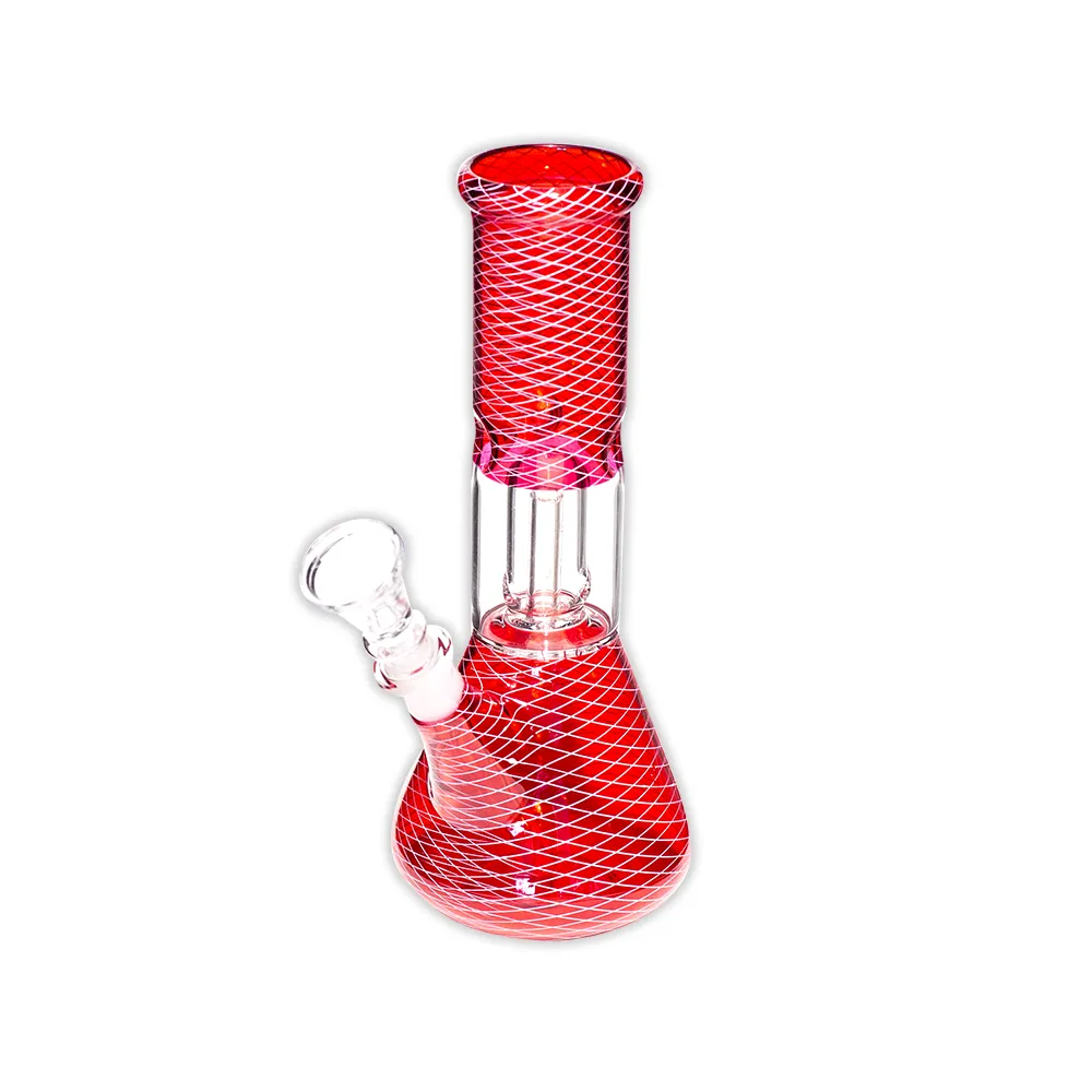 WATERFALL - MINI PERC GLASS BONG - RED WITH PINK CROSSHATCH