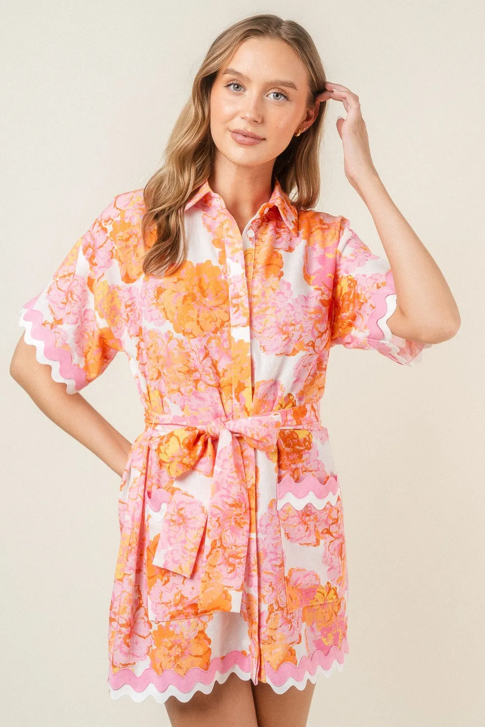 Wave Trim Floral Shirt Dress