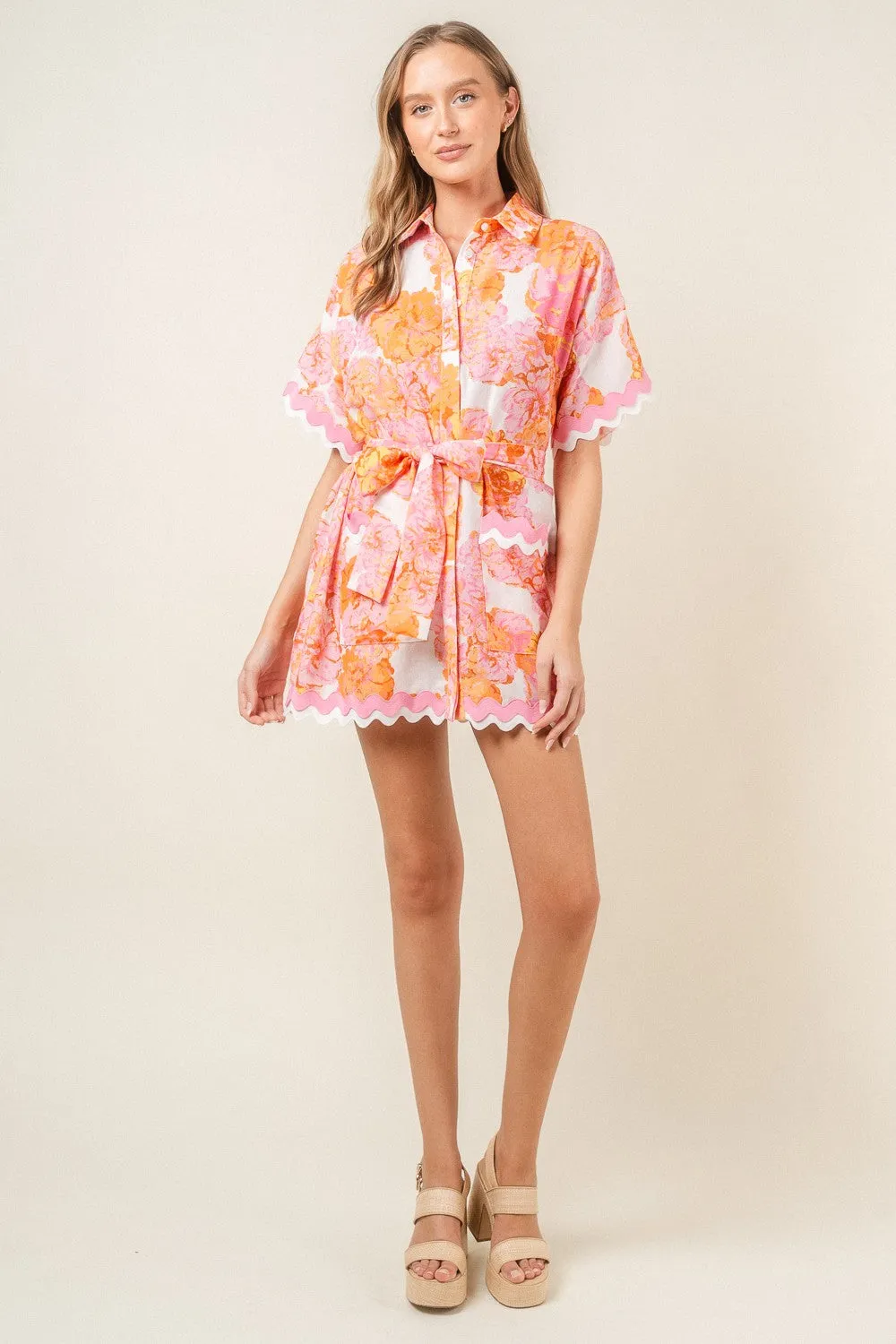 Wave Trim Floral Shirt Dress