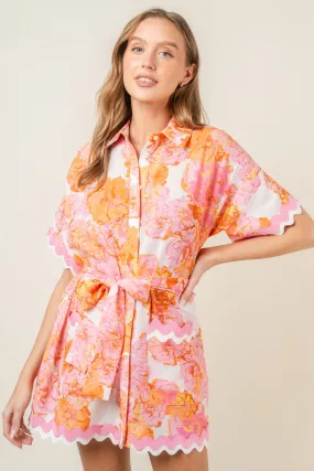 Wave Trim Floral Shirt Dress