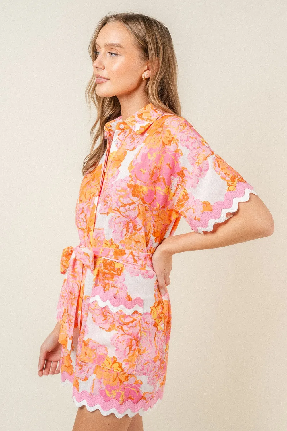 Wave Trim Floral Shirt Dress