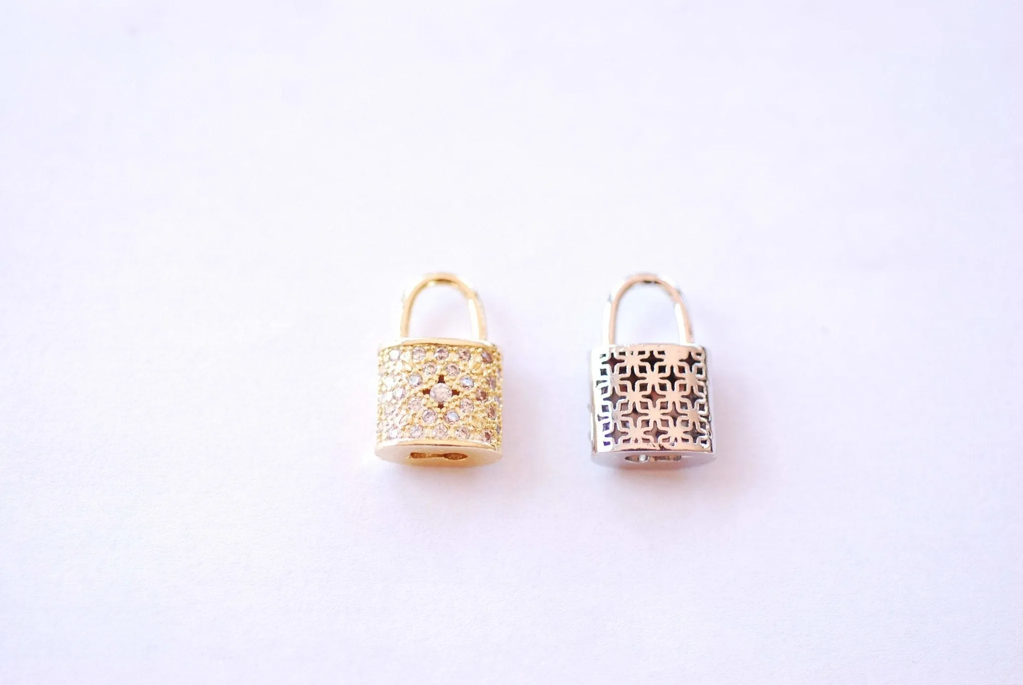 Wholesale Small Padlock CZ Cubic Zirconia Charm - 16k gold plated over Brass Tiny Gold Lock Micro Pave Charm Pendant Brass Charms B206