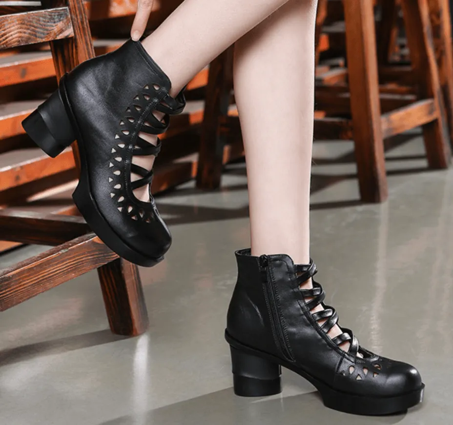 Women Soft Leather Wedge Black Boots Red Ankle Boots