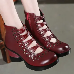 Women Soft Leather Wedge Black Boots Red Ankle Boots