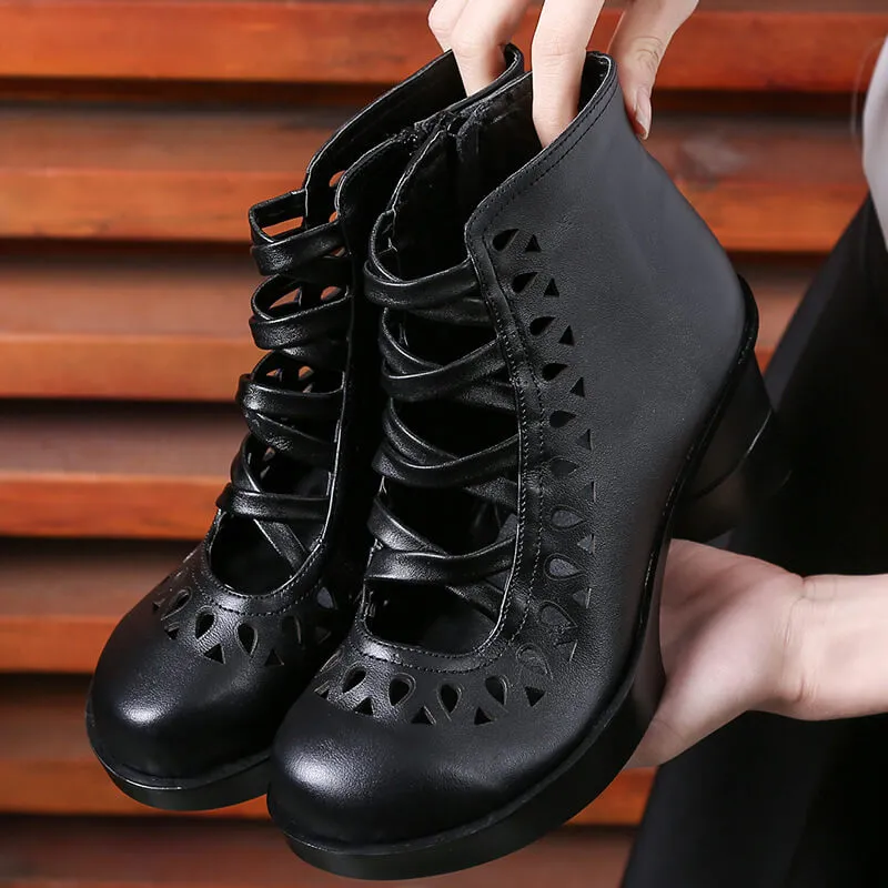 Women Soft Leather Wedge Black Boots Red Ankle Boots